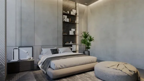 3D Animation modern bedroom, interior design contemporary with natural tone Video stock 295011865