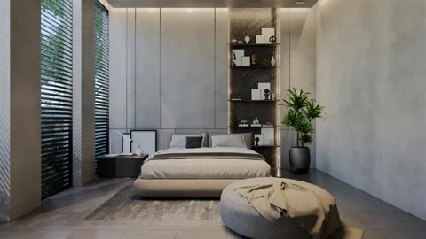 3D Animation modern bedroom, interior design contemporary with natural tone Video stock 295011874
