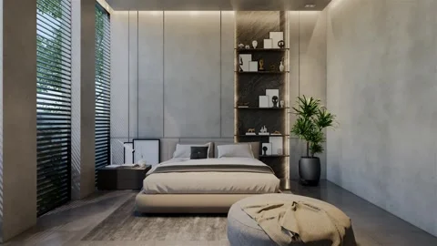 3D Animation modern bedroom, interior design contemporary with natural tone Video stock 295011883