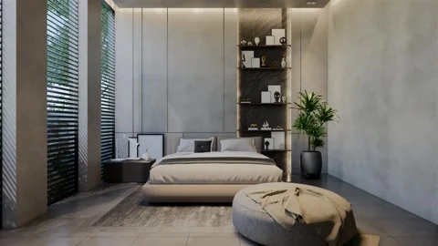 3D Animation modern bedroom, interior design contemporary with natural tone Video stock 295011901