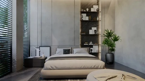 3D Animation modern bedroom, interior design contemporary with natural tone Video stock 295011916