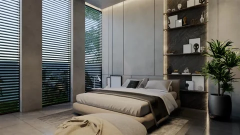 3D Animation modern bedroom, interior design contemporary with natural tone Video stock 295011917