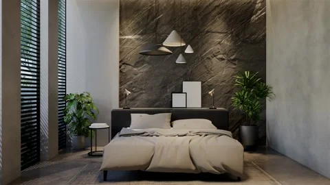 3D Animation modern bedroom, interior design contemporary with natural tone Video stock 295012283