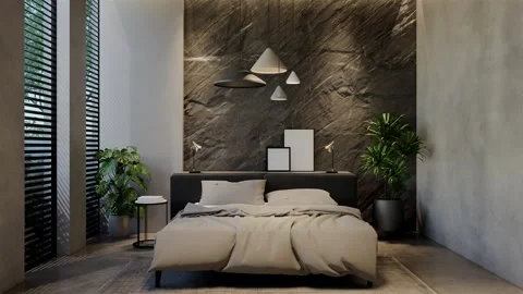 3D Animation modern bedroom, interior design contemporary with natural tone Video stock 295012293