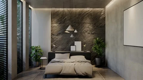 3D Animation modern bedroom, interior design contemporary with natural tone Video stock 295012294