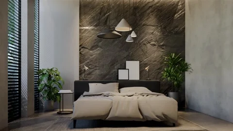 3D Animation modern bedroom, interior design contemporary with natural tone Video stock 295012302