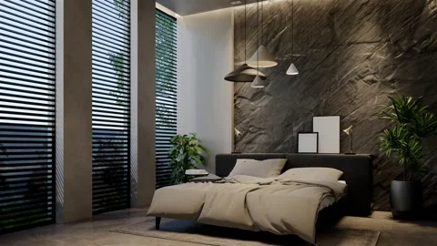 3D Animation modern bedroom, interior design contemporary with natural tone Video stock 295012322