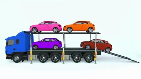 3D Animation Multi-Colored Cars Loading onto Double-Decker Car Carrier Truck 4K Stock Footage 333843334