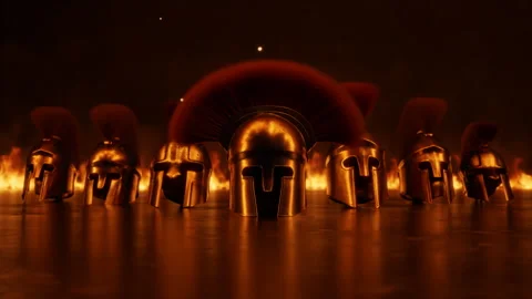 3D Animation of multiple ancient Spartan helmets illuminated by horizontal fire Stock Footage 344428331