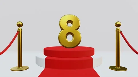 3D animation of number eight on Red carpet with Golden rope barriers Stock-Footage 226336776