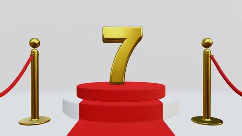 3D animation of number seven on Red carpet with Golden rope barriers Video stock 226336743