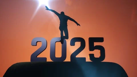 3d animation numbers of year. 2024 ends and 2025 begin. Man run and jump Stock Footage 282587134
