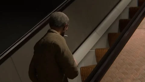 3D animation of an old man lighting a cigarette on an escalator Stock Footage 328781871