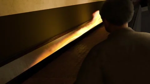 3D animation of an old man watching a large escalator fire Stock Footage 328781768
