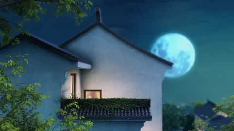 3d animation of old oriental house in moon light Video stock 73536341
