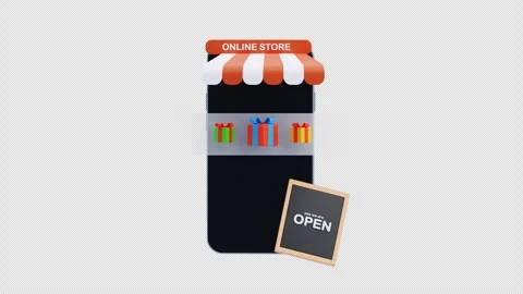 3D animation of Online store app with gifts and open sign Stock Footage 331614895