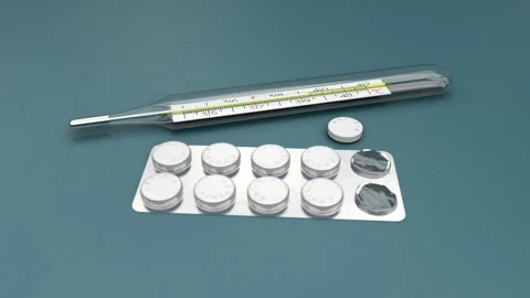 3d Animation With Opened Pills Blister Pack and the Glass Thermometer, Close Up Stock Footage 130213934