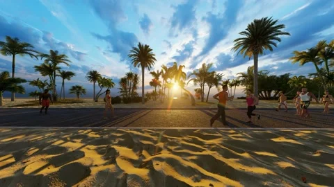 3D Animation of people running or walking on promenade by the sea at sundown Stock Footage 168426897