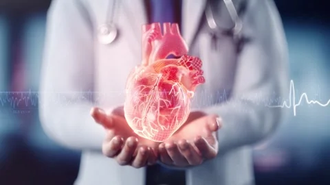 In 3D animation, a physician supports a pulsating heart Stockbeeldmateriaal 345012729