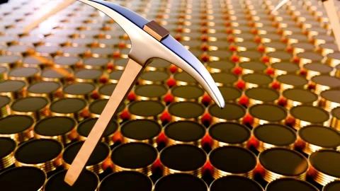 3d animation of pickaxe and scattered golden coins Stock Footage 278382036