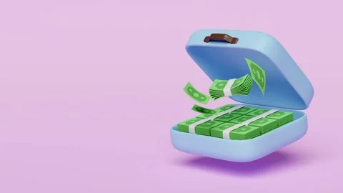 3d animation, pile dollar banknote in blue suitcase isolated on pink backgrou Stock Footage 212380360