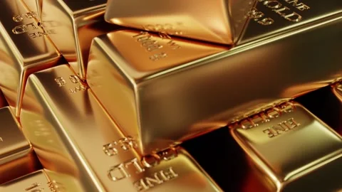 3D animation of piled fine gold bars Stock Footage 262477069
