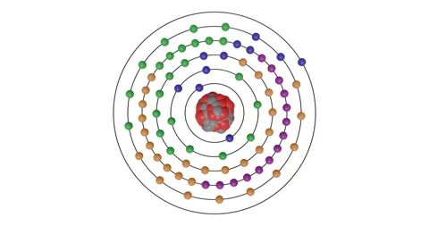 3D animation of Platinum ( Pt , Z=78 ) atom showing shell, subshells, electron Video stock 346010595