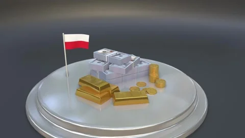 3D animation of Poland flag standing behind stacks of dollar bills gold bar.. Stock Footage 328664460