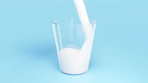 3d animation, Pour the milk or yogurt into a clear glass isolated on blue bac Stock Footage 212380485