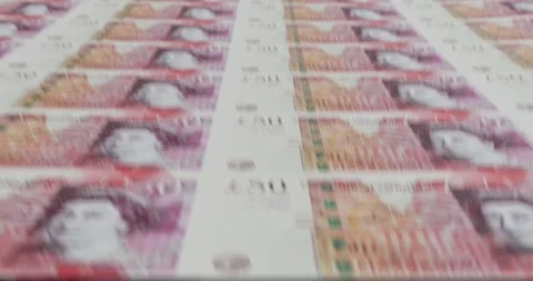 3d animation of printing 50 british pounds notes. Seamlessly loopable Stock Footage 308506990
