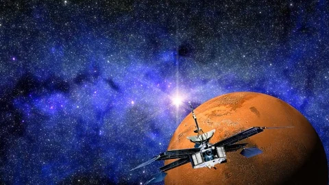 3D Animation of Probe Approaching The Red Planet Mars with Blue Galaxy Stock Footage 101073977
