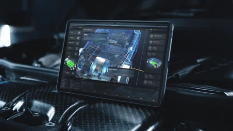 3D animation of program for car diagnostic displayed on digital tablet screen Stock Footage 252633838