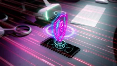 3D animation of protect data in mobile device. Data analyse graphic Stock Footage 281851460