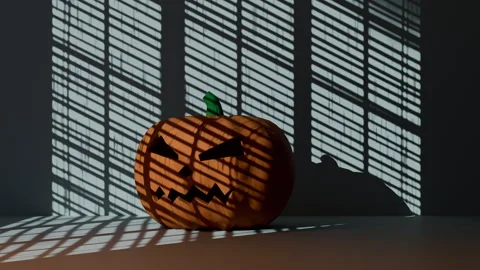 3D animation of pumpkin in dark room with window shadow and rain behind Stock Footage 256891767