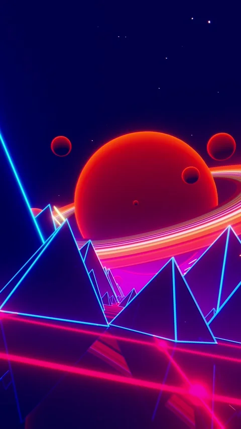 3D animation of pyramids with neon lights in background of planet Stock Footage 278190077