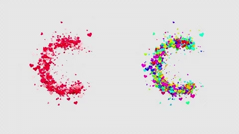 3D animation red and multicolor hearts forming the letter C. Alpha channel. Video stock 312576073