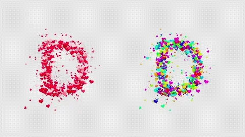 3D animation red and multicolor hearts forming the letter D. Alpha channel. Video stock 312576396