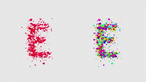 3D animation red and multicolor hearts forming the letter E. Alpha channel. Stock Footage 312576505
