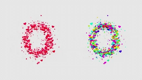 3D animation red and multicolor hearts forming the letter O. Alpha channel. Stock Footage 312577368