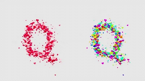 3D animation red and multicolor hearts forming the letter Q. Alpha channel. Stock Footage 312577944