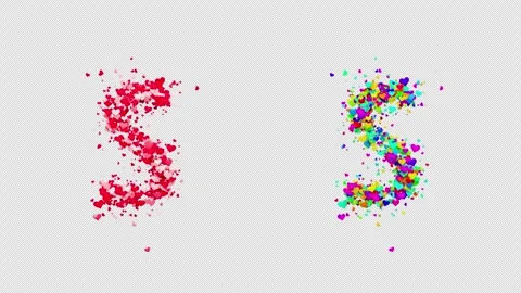 3D animation red and multicolor hearts forming the letter S. Alpha channel. Stock Footage 312578008