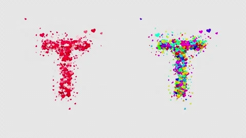 3D animation red and multicolor hearts forming the letter T. Alpha channel. Video stock 312578129