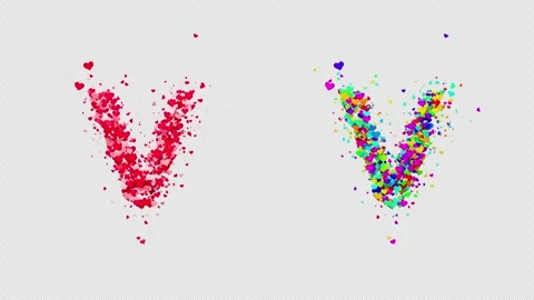 3D animation red and multicolor hearts forming the letter V. Alpha channel. Stock Footage 312578307