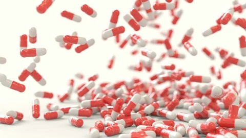 3D Animation of Red and White Pills slow motion falling down and landing. Stock Footage 86594569