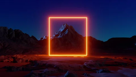 3d animation. Red neon square glowing over the futuristic landscape. Stock Footage 287470740