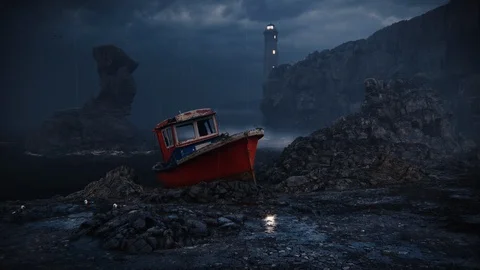 3d animation render of Lighthouse, boat, rain, sea, ocean, fog - 1 Stock Footage 128025286