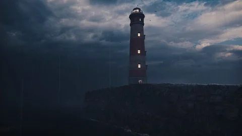 3d animation render of Lighthouse, boat, rain, sea, ocean, fog - 3 Vidéo 128025355