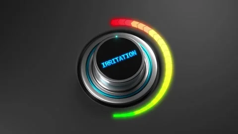 3D animation of a rising irritation level on a circular gauge from green to red Stock Footage 312370999
