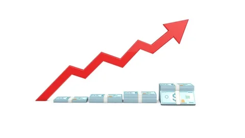 3d animation of rising red arrow and piling up stacks of money Video stock 75742833