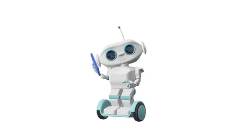 3D Animation Robot on Scooter with Smartphone and with Alpha Channel Stock Footage 82002547